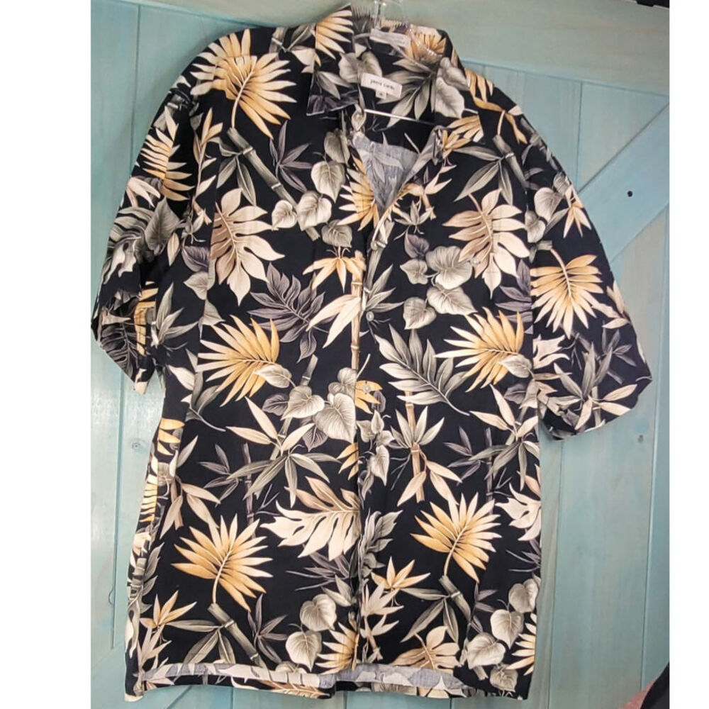 Black Pierre Cardin Men's Short-sleeve Hawaiian Shirt Tropical Leaf 100% Cotton